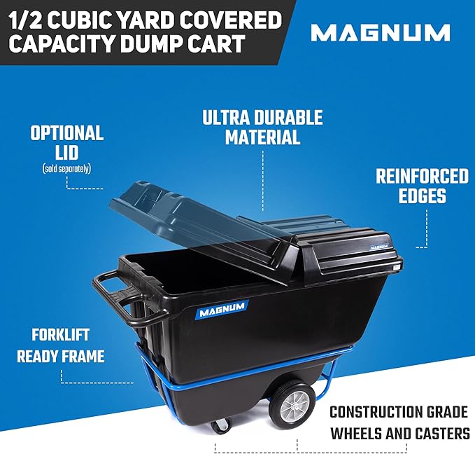 Tilt Truck, 1/2 Cu. Yd. Capacity Dump Cart with Heavy Duty 12” Wheels & 5” Casters & Forklift-able Frame for Jobsites, 850 lbs, Trash Cart with Wheels DUC12T-F