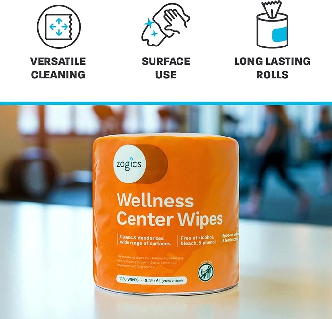 Zogics Wellness Center Cleaning Wipes – Gym Wipes for Cleaning Surfaces and Equipment, Durable and Safe Pre-Saturated Wet Wipes (1 Roll of 1,150 Wipes)