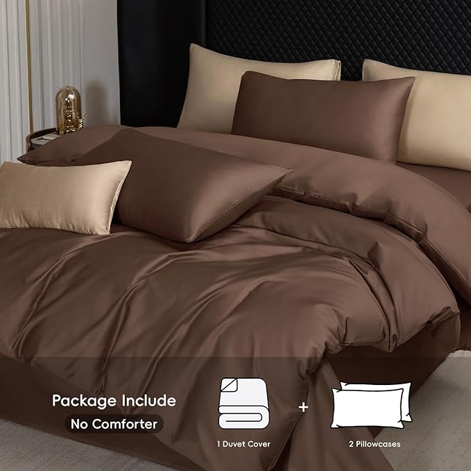MooMee Duvet Cover Set 100% Extra Long Staple Cotton 600 Thread Count Silky Sateen Smooth Luxury Soft Breathable Durable Hotel Quality Bedding, 3 Piecess (Chocolate Brown, Oversized King 120"x98")