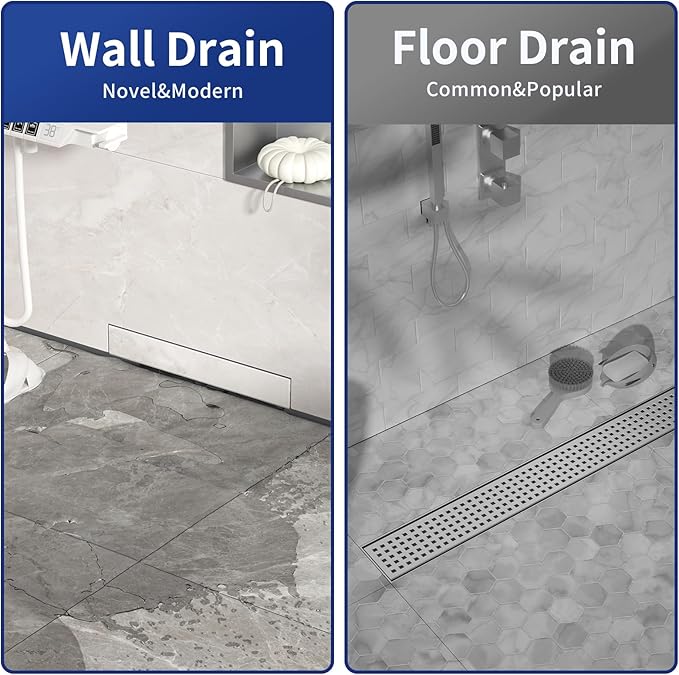 Linear Wall Drain 30’’, 304 Stainless Steel Side Drain w/Tiled Grate & Hair Strainer, Brushed Tiled Shower Drain for Bathroom, CUPC Certified
