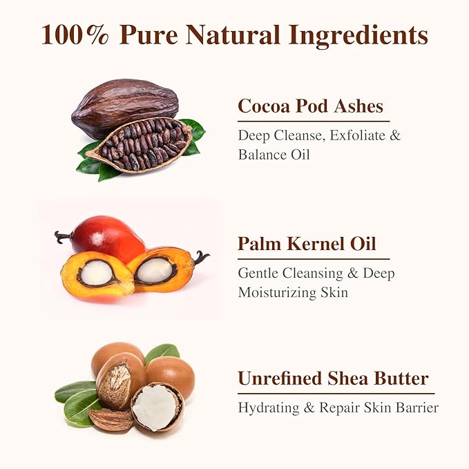 African Black Soap, 100% Pure & Natural, With Raw Shea Butter, Palm Kernel Oil and Cocoa Pods Ash for Dry & Oily Skin Care, Supports Acne & Eczema Treatment, 1 LB (16 oz)
