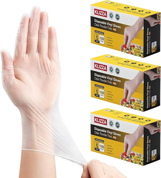 300 Count Disposable Vinyl Gloves, Latex-Free, Powder Free, 4 Mil Clear Plastic Gloves, for Cleaning, Kitchen Cooking, Food Prep, Small