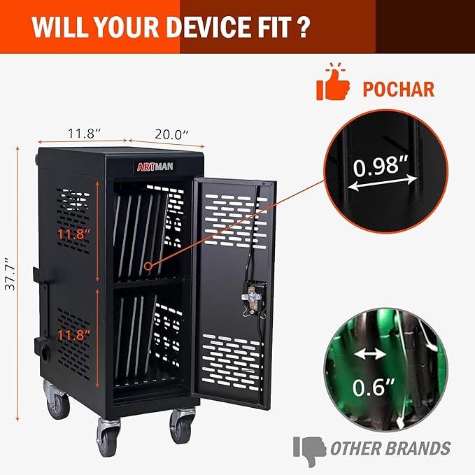 16 Devices Laptop Charging Cart,Tablet Storage Carts for pad Up to 16.3" Screen Size, Classroom Computer Mobile Charging Station for Pads, Chromebooks,Laptops, Security Storage(16 Bay-Black)