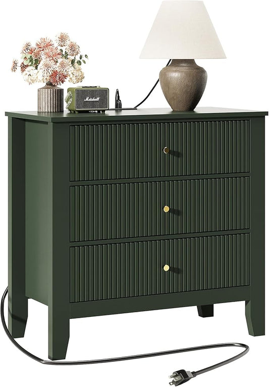 32 Inch Wide Fluted Drawer Dresser, 3 Chests of Drawers with Power Outlets, Side Eend Table with Anti-Tip Anchor Kit & Smooth Silent Gliding for Bedroom, Living Room, Closet, Entry Way