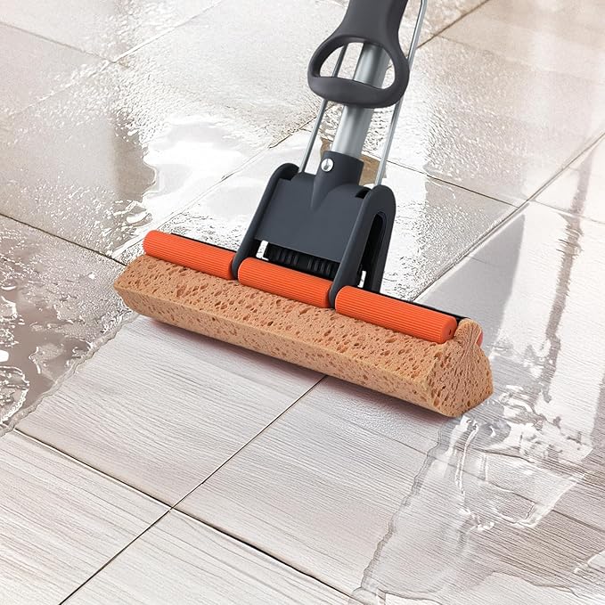 Sponge Mops for Floor Cleaning with 2 Cellulose Mop Head Refills and 55” Long Handle, Heavy Duty Roller Mop, Easy Self Squeeze for Hard Wood Tile Concrete Bathroom or Kitchen Floor Wall Ceiling