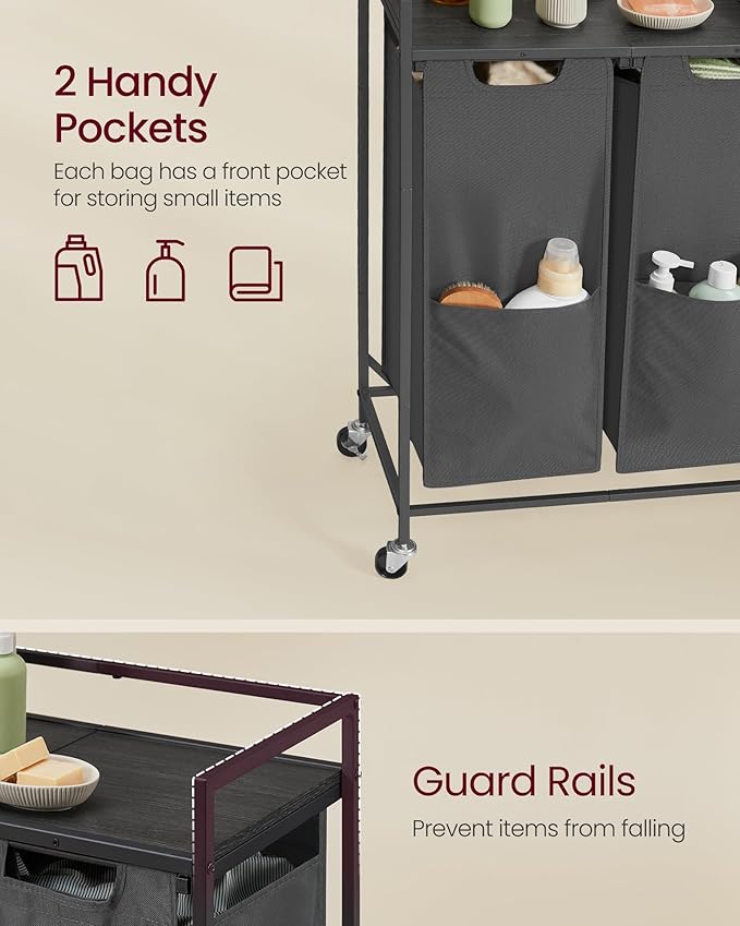 VASAGLE Laundry Sorter, 29 Gal. (110 L) Laundry Hamper Basket with 2 Compartments, Rolling Cart with Wheels, Shelf, Removable Bags, Pockets, Slate Gray and Charcoal Gray UBLH021G01