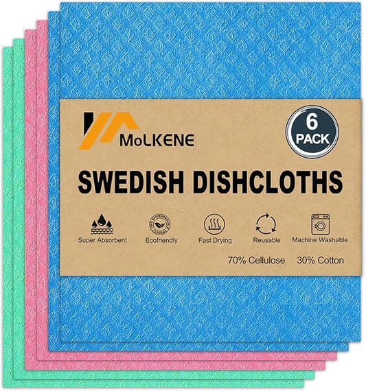 Swedish Dishcloths, Reusable Soft Kitchen Towels, Absorbent Sponge Cleaning Cloths, Washable Quick Drying, 6 Pack, Assorted