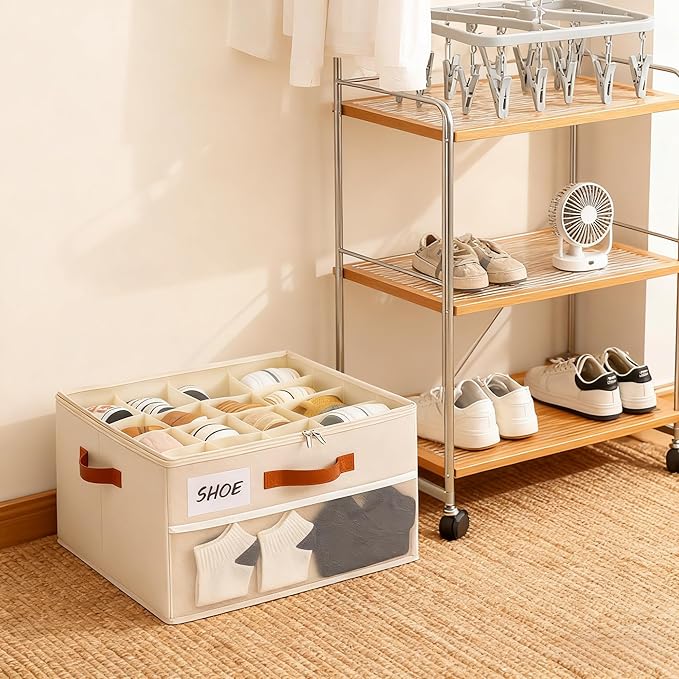 Shoe Organizer for Closet, Shoe Storage Box, Foldable Shoe Box with Adjustable Dividers and Clear Cover, Closet Shoe Organizer Fits up to 16 Pairs, 1-Pack, Extra Storage Pocket for Socks