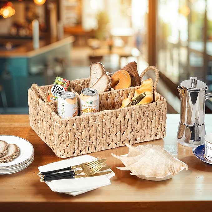 Wicker Basket Divided Storage with Handles - Natural Water Hyacinth Organizer for Diaper Essentials, Kitchen Utensils, Bathroom & Nursery Organization, 4 Compartments