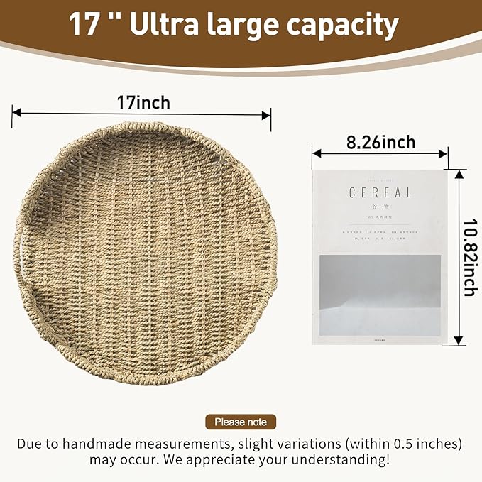 Wicker Tray, Handwoven Woven Tray with Handles and Scalloped Edge, Round Wicker Basket for Home Decor and Organizing, 16.9" L x 16.9" W x 3.5" H