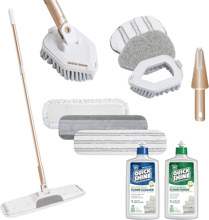 Quick Shine Ultimate Gold Clean + Polish Mop Kit | All-in-One 11 Pc Kit w/Interchangeable Attachments | Cleaner & Polish Included | No Batteries Needed | All Floors Pro Cleaning System | 2-in-1 Mop