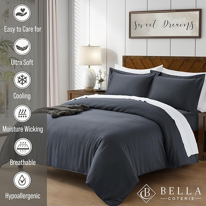 Bella Coterie Luxury Bamboo Viscose California King Size Duvet Cover Set | 100% Organically Grown | Corner Ties | Ultra Soft | Cooling | Two Pillow Shams | 106 x 94 | No Insert [Charcoal Grey]