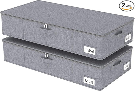 Yawinhe Foldable Underbed Storage Bags, Containers Bin with Lids, Large Under Bed Organizer Box, with Sturdy Zipper und Label Holders, for Clothing, 31.5''Lx15.7''Wx6''H, 2 Pack, Grey