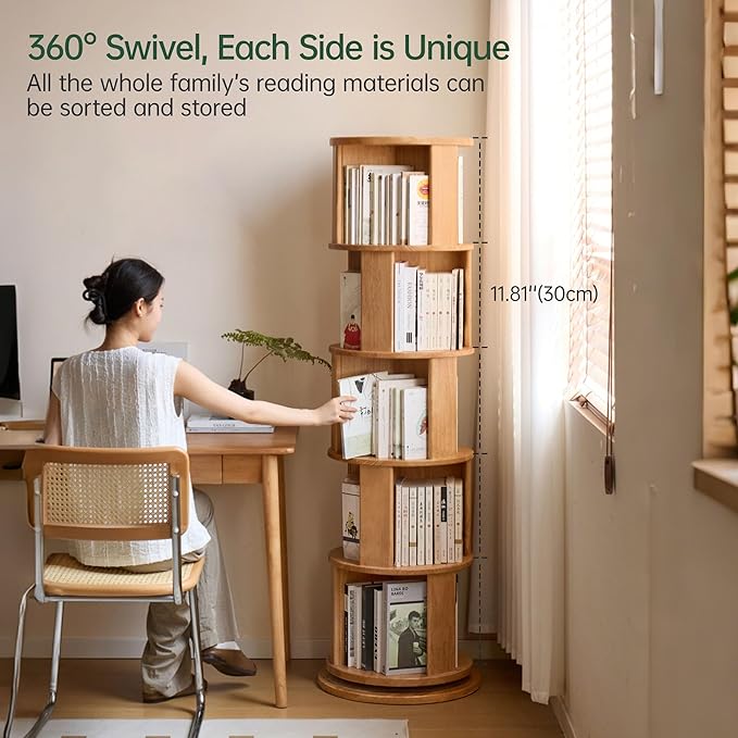 YESWOOD Solid Wood Rotating Bookshelf, 5 Tier Round Revolving Bookcase, 360° Spinning Shelf Tower, Floor Standing Bookcase Storage Rack for Home Office, Corner, Bedroom, Study, Living Room