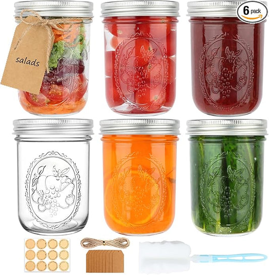 Wide Mouth Mason Jars 16 oz with Airtight Lids and Bands, 6 Pack Canning Jars, Clear Glass Pint Jars for Canning, Fermenting, Pickling, Meal Prep, Overnight Oats