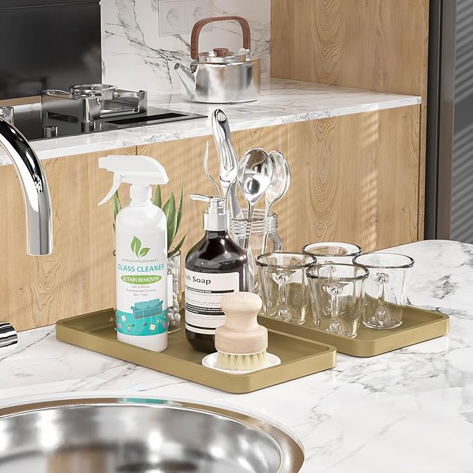 Weenson Gold Bathroom Vanity Tray for Countertop Jewelry Makeup Perfume Candles Decor, Bamboo Kitchen Tray for Soap Dispenser Spice Salt, Gold Tray for Toilet Tank Coffee Nightstand Set of 2