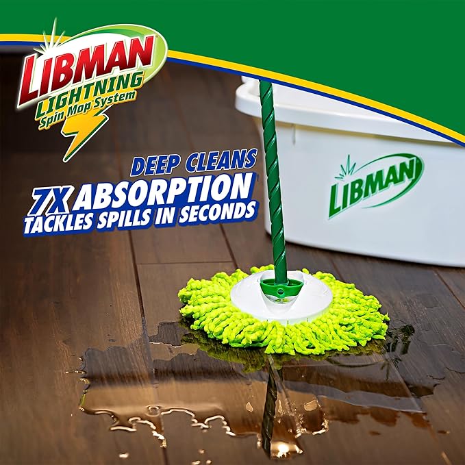 Libman Lightning Spin Mop System Plus 3 Refill Head | Mop and Bucket with Wringer Set | Floor Mop | Spin Mop | Libman Mop | Mops for Floor Cleaning | Hardwood Floor Mop | 4 Total Mop Heads Included
