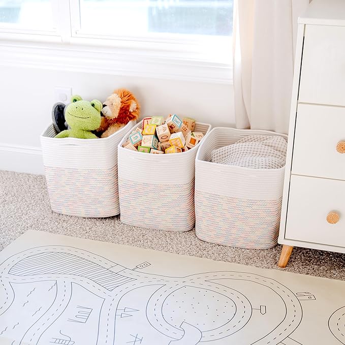 NaturalCozy 13x15x13 Kallax Storage Cubes Bins, 3 Pack | Cotton Rope Cube Storage Bin Woven Baskets for Organizing | Kallax Insert Storage Baskets for Shelves Organizer, Kids Toy, Closet Baby Nursery