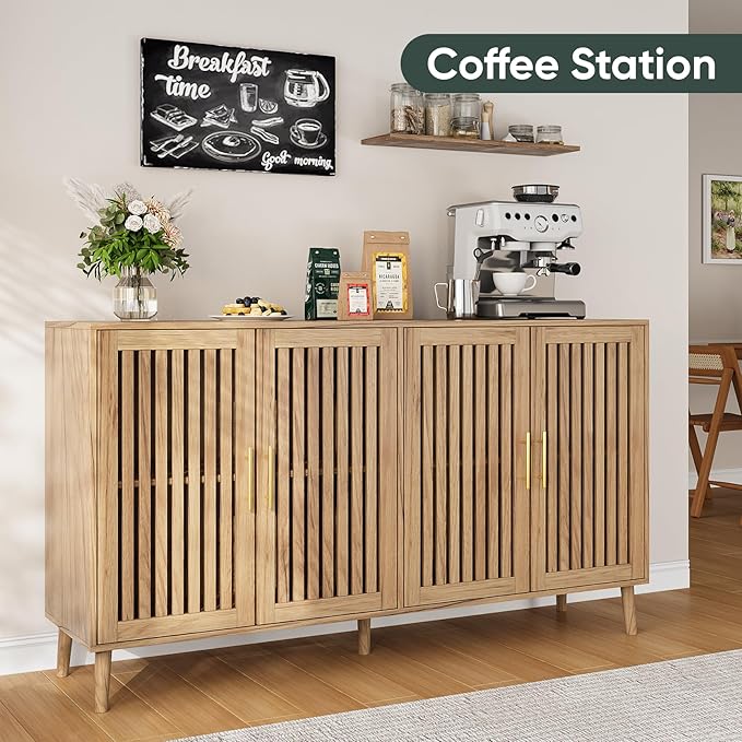 63" Long Sideboard Buffet with 4 Slatted Doors, Farmhouse Buffet Storage Cabinet with Adjustable Shelves, Coffee Bar Cabinet for Entryway, Kitchen, Dining Room, Living Room, Natural Oak