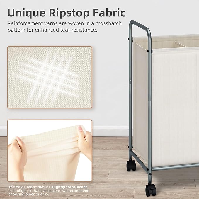 STORAGE MANIAC Rolling Laundry Hamper, 100L Laundry Basket with Lockable Wheels, Double Clothes Sorter Cart, 2 Bag Clothes Separator Hamper for Closet, Bathroom, Laundrys Room, 2 Section Beige