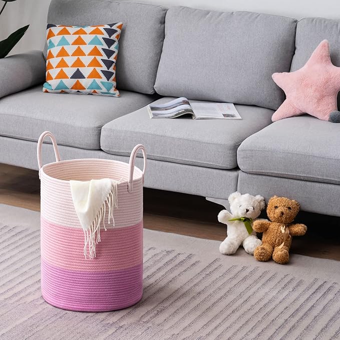 YOUDENOVA Woven Rope Laundry Hamper Basket, 58L Tall Luandry Basket, Baby Nursery Hamper for Blanket Storage, Clothes Hamper for Laundry in Bedroom-Large-Pink
