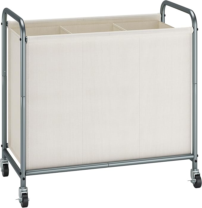 STORAGE MANIAC Rolling Laundry Hamper, 165L Laundry Basket with Lockable Wheels, Triple Clothes Sorter Cart, 3 Bag Clothes Separator Hamper for Closet, Bathroom, Laundrys Room, 3 Section Beige