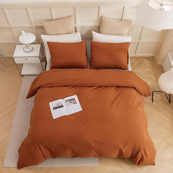 ECOCOTT 100% Washed Cotton Duvet Cover Full Size – Soft & Breathable Linen Feel Bedding Set, 3 Pieces Brown Comforter Cover with Zipper Closure for All Seasons