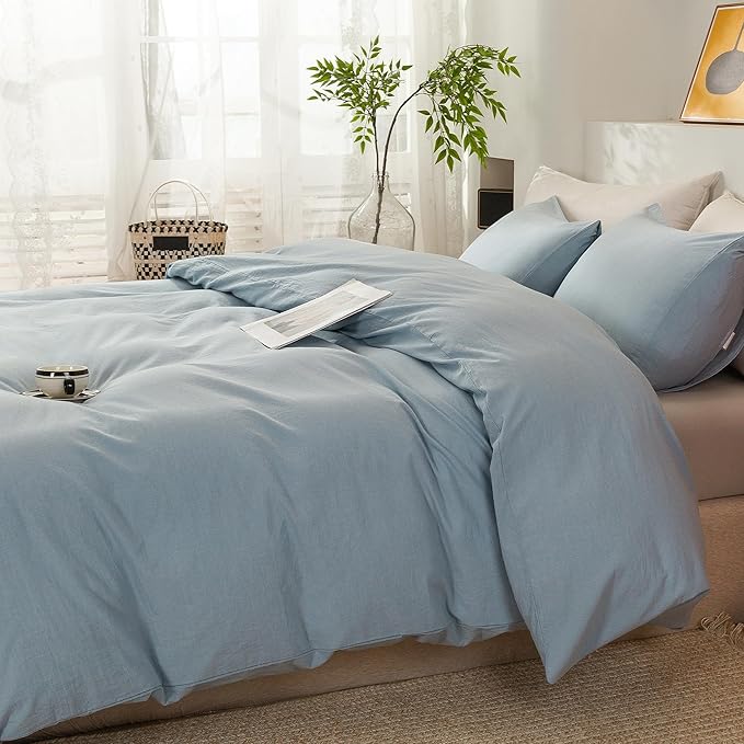 ECOCOTT Light Blue Duvet Cover Full Size - 100% Washed Cotton Durable Soft Comfy Duvet Cover Set, 3 Pieces Duvet Cover with Zipper Closure (80''x90'')