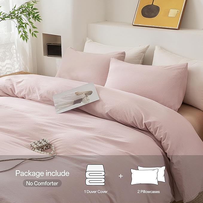 ECOCOTT Duvet Cover Set, 100% Washed Cotton Linen-Like Soft & Breathable, Durable Comfy Bedding Set for All Seasons (Greyish Pink, California King)