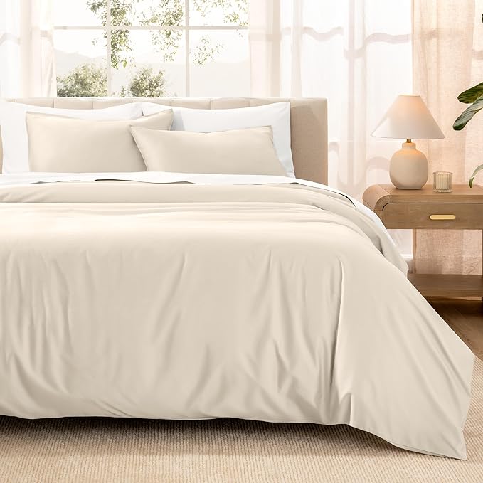Bare Home 100% Organic Cotton Sateen Duvet Cover Set - Full/Queen Size - 400 Thread Count - Smooth Sateen Weave - Warm & Luxurious - Duvet Cover (Queen, French Beige)