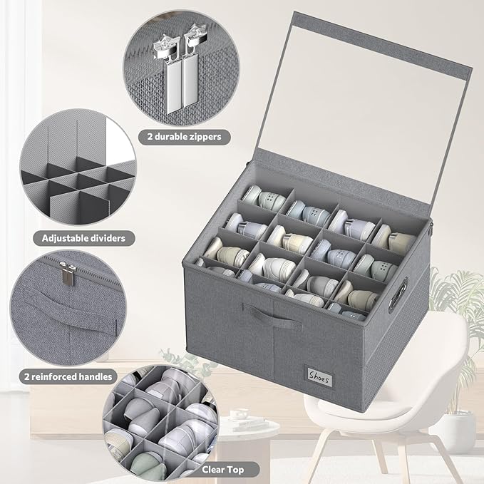 FHSQX Shoe Organizer for Closet,Fits 12 Pair,Shoe Storage Bins with Clear Cover & Adjustable Dividers for Shoes,Shoe Box Storage for Handbags,Blankets,Linen,Clothing (Grey, (19.7 * 15.7 * 13) x1)