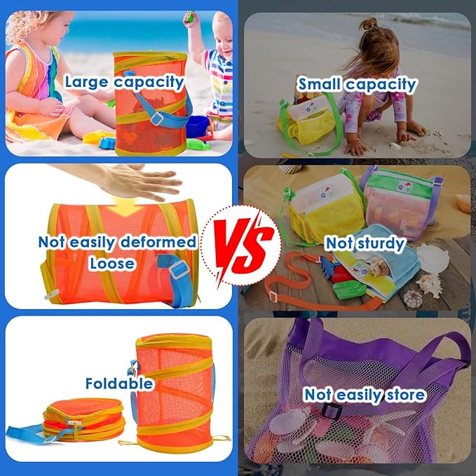 2Pcs Foldable Toy Storage Bag, Large Capacity Sea Shell Bags for Beach (10.5L/2.77Gallon), Portable Toy Storage Bag with Zipper and Strap(Orange and Blue), Storage Bucket for Sandbox