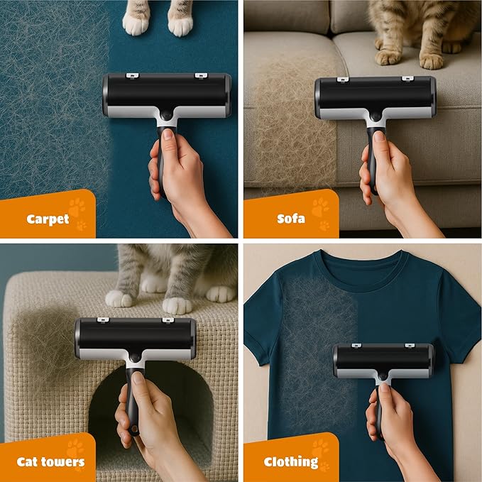 Pet Hair Remover and Reusable Lint Roller - Cat and Dog Hair Remover for Couch, Furniture, Carpet, Clothing and Bedding - Portable, Multi-Surface Fur Removal Tool (Black)