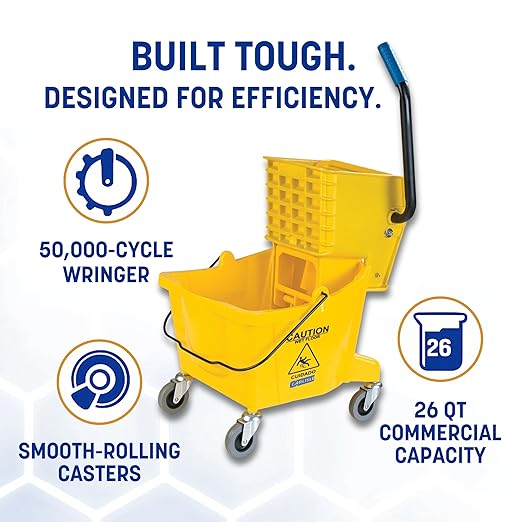 Carlisle FoodService Products 26-Quart Commercial Mop Bucket with Side-Press Wringer, Precision-Molded Polypropylene, Durable Wringer, Bucket with Non-Marking Casters, 18.5 x 16.5 x 23 Inches, Yellow