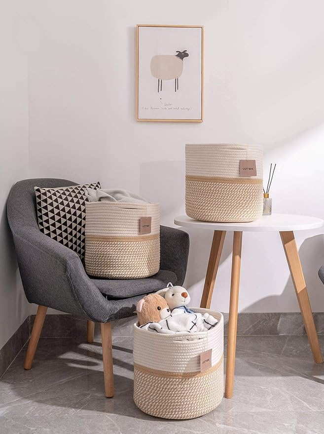 voten Cube Storage Baksets Bins 11x11’’ Fit 12x12’’ Organizer Bookcases Shelving,Stylish&Durable Woven Cotton Basket Containers for Organizing 3-Pack Off White/Mixed Camel