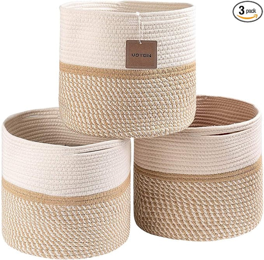 voten Cube Storage Baksets Bins 11x11’’ Fit 12x12’’ Organizer Bookcases Shelving,Stylish&Durable Woven Cotton Basket Containers for Organizing 3-Pack Off White/Mixed Camel
