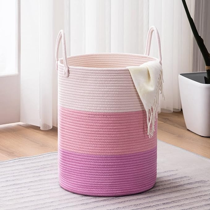 YOUDENOVA Woven Rope Laundry Hamper Basket, 58L Tall Luandry Basket, Baby Nursery Hamper for Blanket Storage, Clothes Hamper for Laundry in Bedroom-Large-Pink