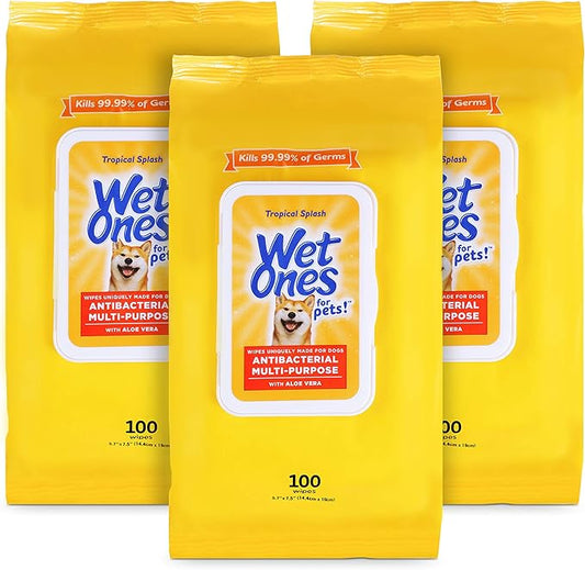 Wet Ones Multi Purpose Pets Wipes for Dogs, with Aloe Vera, Antibacterial, Kills Germs, Tropical Splash Scent, Pack of 3, 100 Count Pouches, 300 Wipes Total