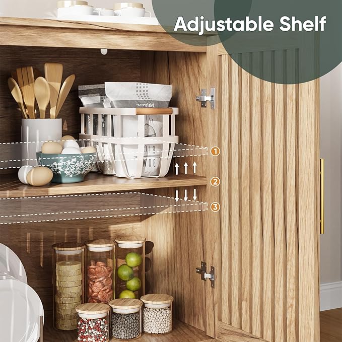 63" Long Sideboard Buffet with 4 Slatted Doors, Farmhouse Buffet Storage Cabinet with Adjustable Shelves, Coffee Bar Cabinet for Entryway, Kitchen, Dining Room, Living Room, Natural Oak