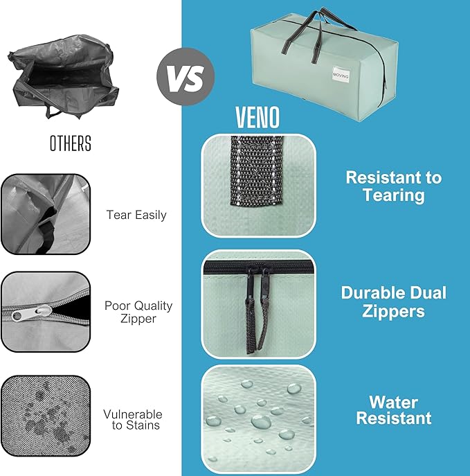 VENO 4 Pack Moving Bags w/Backpack Straps, Heavy Duty, Moving Boxes Alternative, Packing Supplies, Large Storage Totes for Dorm Room Essentials with Zipper for Clothes (Light Green Matte, 4 Pack)