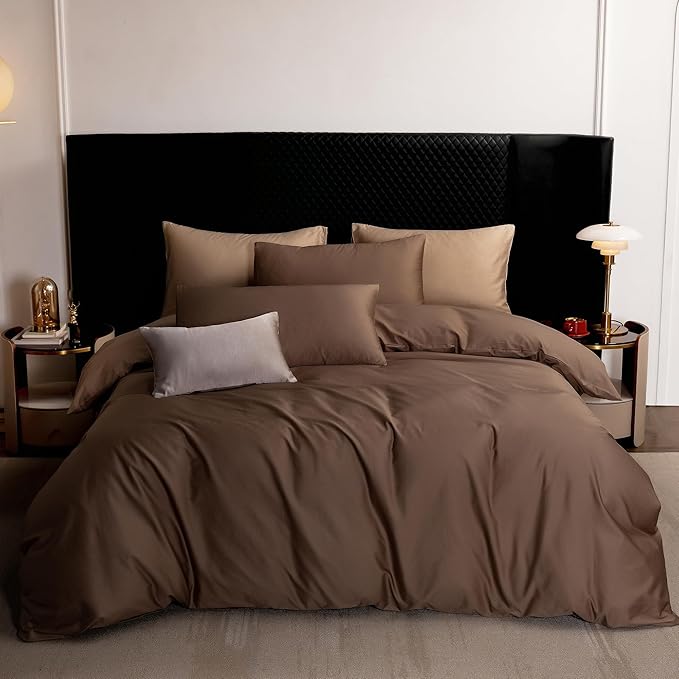 MooMee Duvet Cover Set 100% Extra Long Staple Cotton 600 Thread Count Silky Sateen Smooth Luxury Soft Breathable Durable Hotel Quality Bedding, 3 Piecess (Chocolate Brown, Oversized King 120"x98")