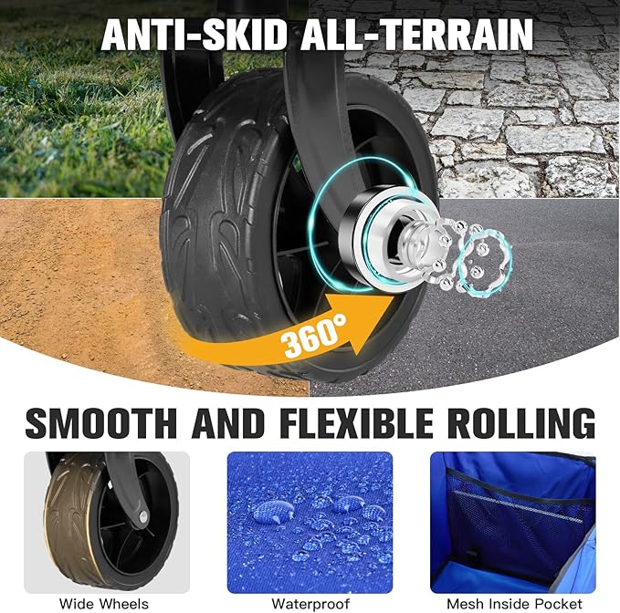 Wagon Cart Shopping Foldable Folding Collapsible with Wheels Big On Beach Garden Outdoor Grocery Heavy Duty Utility All Terrain Portable Wagons Carts for Groceries Sand Camping Sports Blue