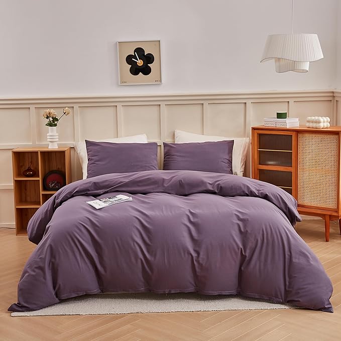 ECOCOTT Duvet Cover Set, 100% Washed Cotton Linen-Like Textured Soft & Breathable, Durable Comfy Bedding Set for All Seasons Oversized Queen Size, Lilac Purple