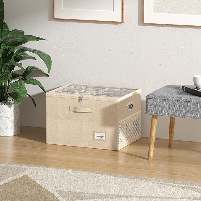 FHSQX Shoe Organizer for Closet,Fits 12 Pair,Shoe Storage Bins with Clear Cover & Adjustable Dividers for Shoes,Shoe Box Storage for Handbags,Blankets,Linen,Clothing (Beige, (19.7 * 15.7 * 13) x1)