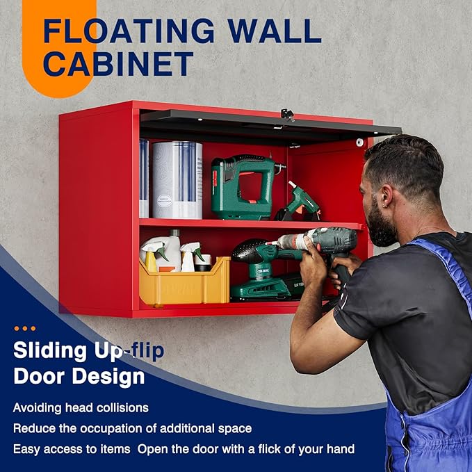 Yizosh Metal Garage Wall Cabinet with Doors and Shelves,Wall Mounted Metal Storage Cabinet, Floating Steel Tool Cabinet for Garage,Basement,Kitchen,Warehouse (Red Black,21.6" H)