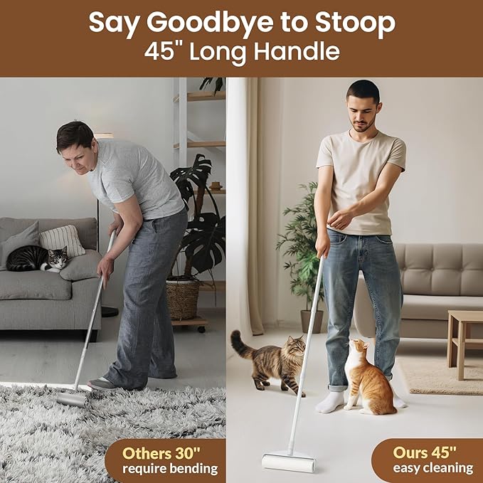 Large Floor Lint Roller Long Handle, 9.45" Wide Super Sticky Pet Hair Lint Remover for Floors Carpet Furniture, 4 Refills 360 Sheets Value Pack,Extendable Handle(18"- 45") – for Dog Cat Owners Homes