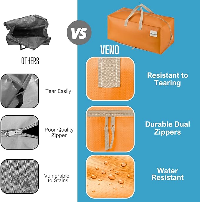 VENO 4 Pack Moving Bags w/Backpack Straps, Heavy Duty, Moving Boxes Alternative, Packing Supplies, Large Storage Totes for Dorm Room Essentials with Zipper (Seasonal Autumn Orange, 4 Pack)