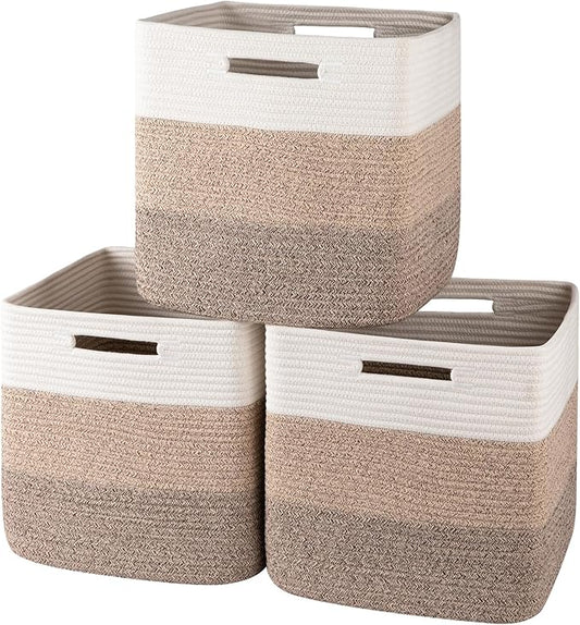 OIAHOMY 13 Kallax Inch Cube Storage Bins, 3-Pack Cotton Rope Woven Baskets for Organizing, Kallax Insert Storage Baskets for Shelves, Baby Nursery, Closet Organizer, 13*13*12.6IN, Gradient Brown