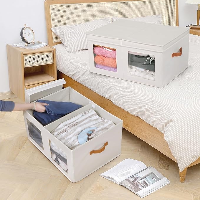 Univivi Large Storage Boxes with Lids, Collapsible Foldable Storage Bins for Clothes, [1-Pack] Fabric Storage Cubes with Handles, Closet Organizers for Home, Bedroom (Beige, 24” x 17” x 12")