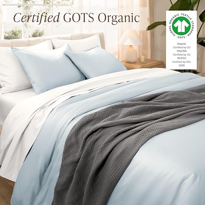 Bare Home 100% Organic Cotton Sateen Duvet Cover Set - Full - 400 Thread Count - Smooth Sateen Weave - Warm & Luxurious - Duvet Cover (Full, Winter Blue)